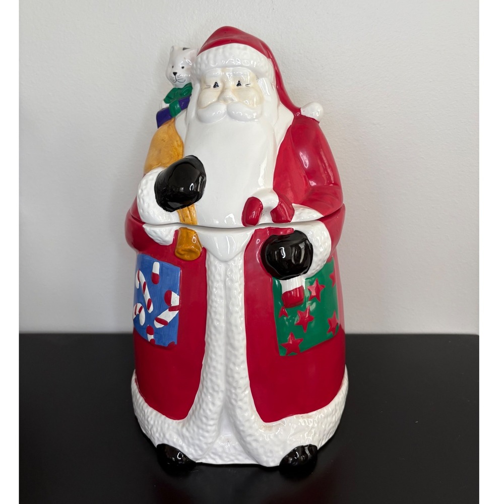 Vintage Ceramic Santa‎ Claus Cookie Jar with Cat and Gifts Christmas Decor